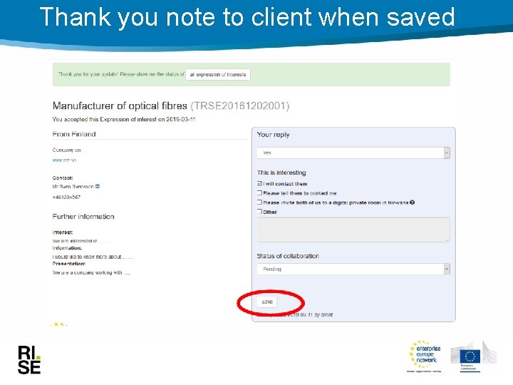 Thank you note to client when saved 