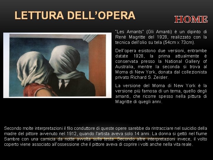 LETTURA DELL’OPERA “Les Amants” (Gli Amanti) è un dipinto di René Magritte del 1928,