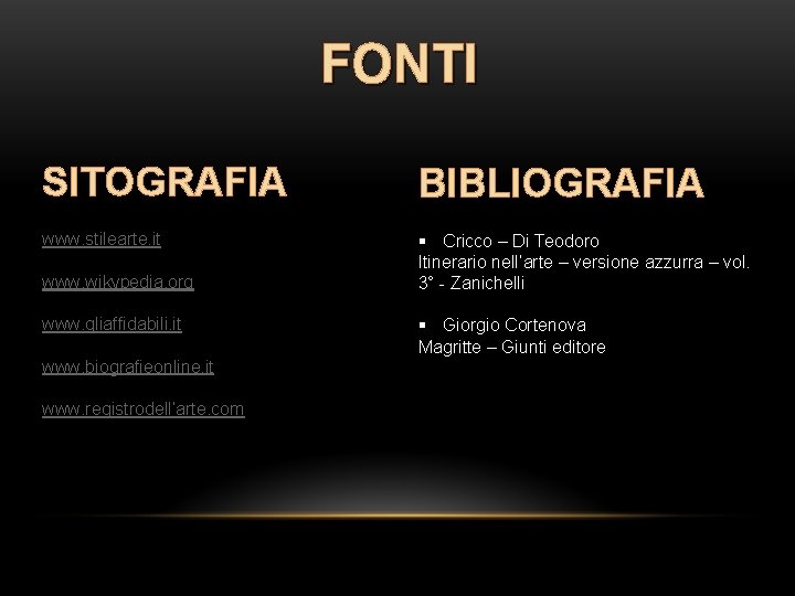 FONTI SITOGRAFIA BIBLIOGRAFIA www. stilearte. it § Cricco – Di Teodoro Itinerario nell’arte –