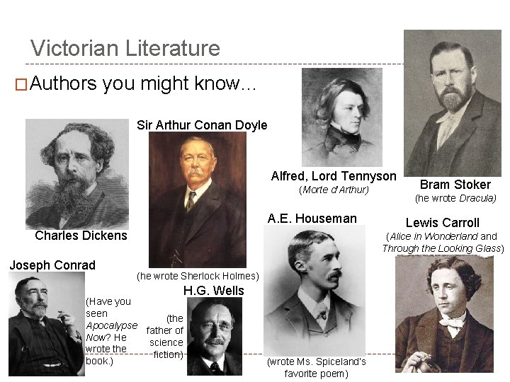 Victorian Literature �Authors you might know… Sir Arthur Conan Doyle Alfred, Lord Tennyson (Morte