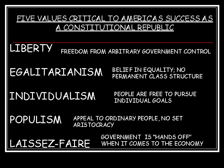 FIVE VALUES CRITICAL TO AMERIC’AS SUCCESS AS A CONSTITUTIONAL REPUBLIC LIBERTY FREEDOM FROM ARBITRARY