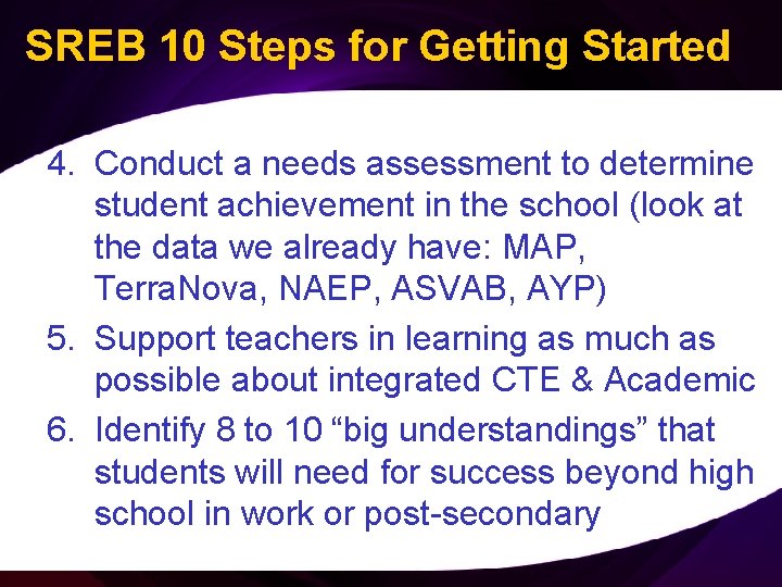 SREB 10 Steps for Getting Started 4. Conduct a needs assessment to determine student