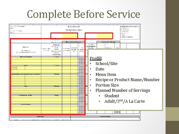 Complete Before Service Prefill: • School/Site • Date • Menu Item • Recipe or Complete Before Service Prefill: • School/Site • Date • Menu Item • Recipe or