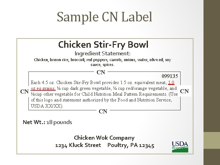 Sample CN Label Chicken Stir-Fry Bowl Ingredient Statement: Chicken, brown rice, broccoli, red peppers,