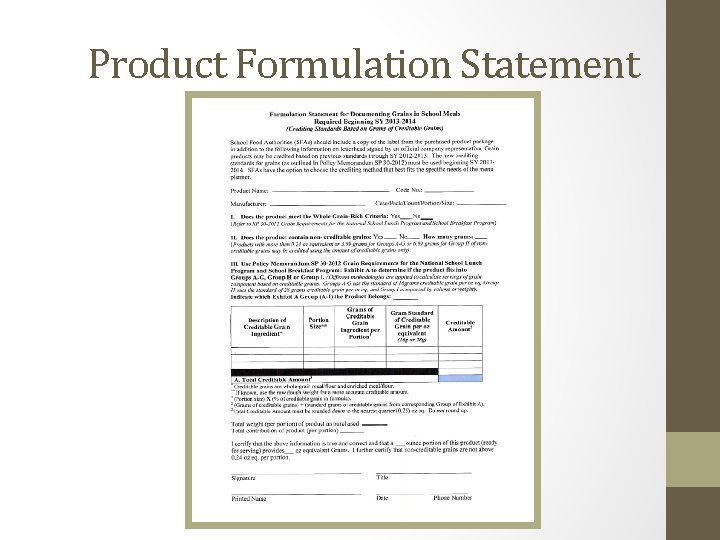 Product Formulation Statement 