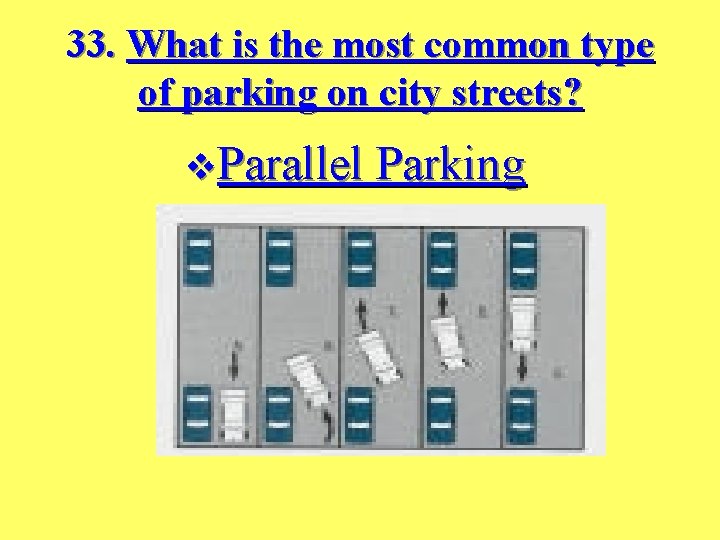 33. What is the most common type of parking on city streets? v. Parallel