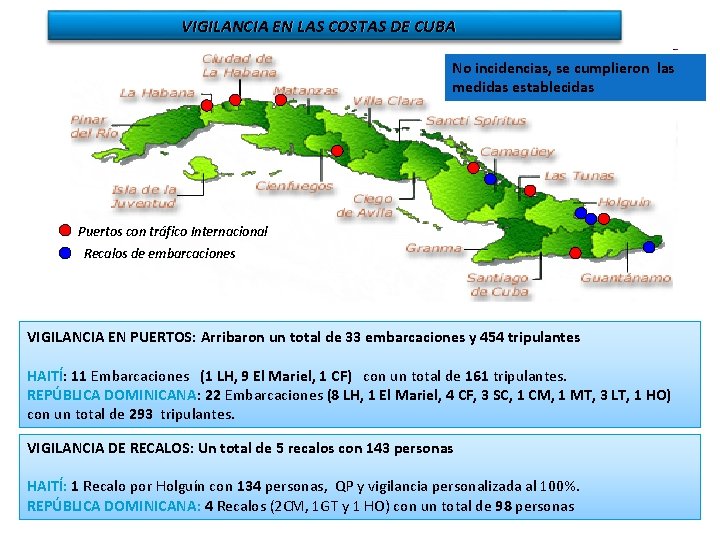 VIGILANCIA EN LAS COSTAS DE CUBA No incidencias, se cumplieron las medidas establecidas Puertos