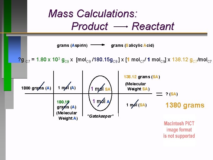 Mass Calculations: Product Reactant grams (Aspirin) grams (Salicylic Acid) ? g C 7 =