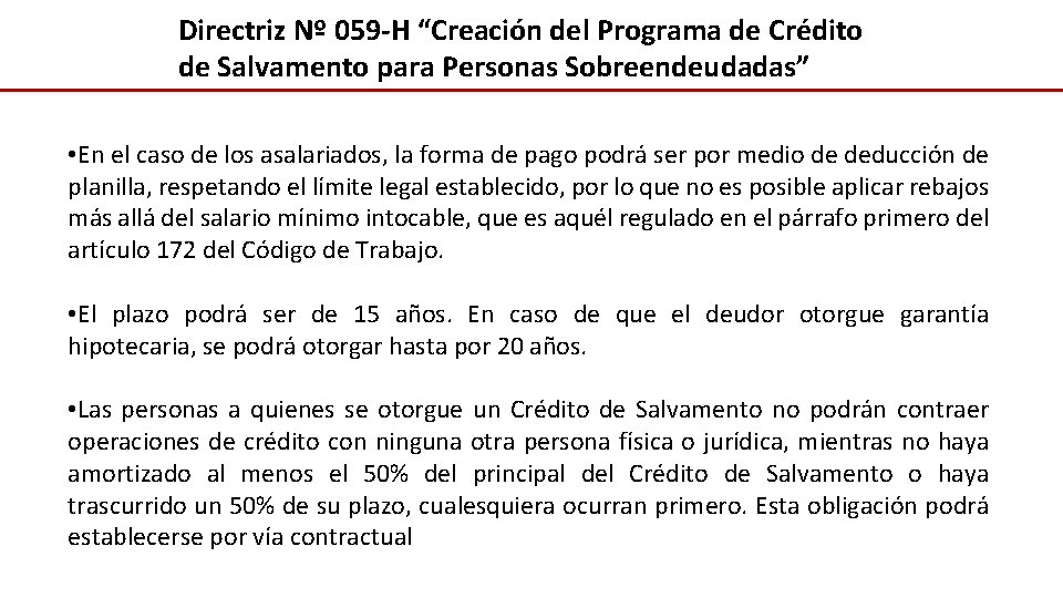 Directriz Nº 059 -H “Creación del Programa de Crédito de Salvamento para Personas Sobreendeudadas”