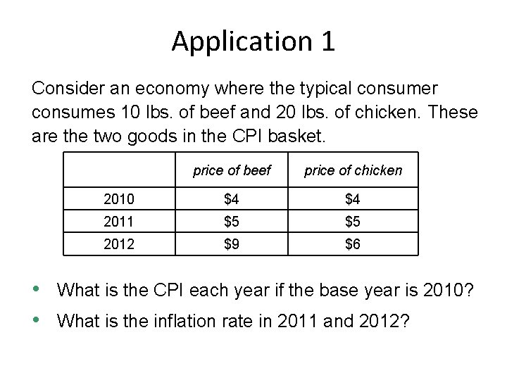 Application 1 Consider an economy where the typical consumer consumes 10 lbs. of beef