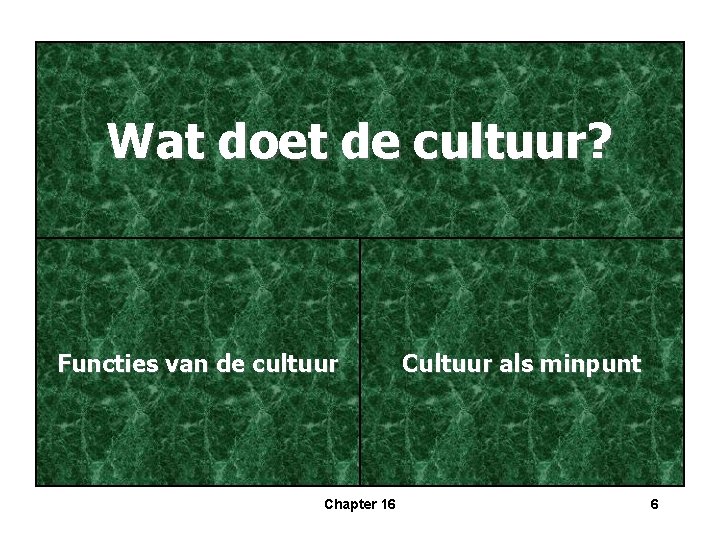 Wat doet de cultuur? Functies van de cultuur Chapter 16 Cultuur als minpunt 6