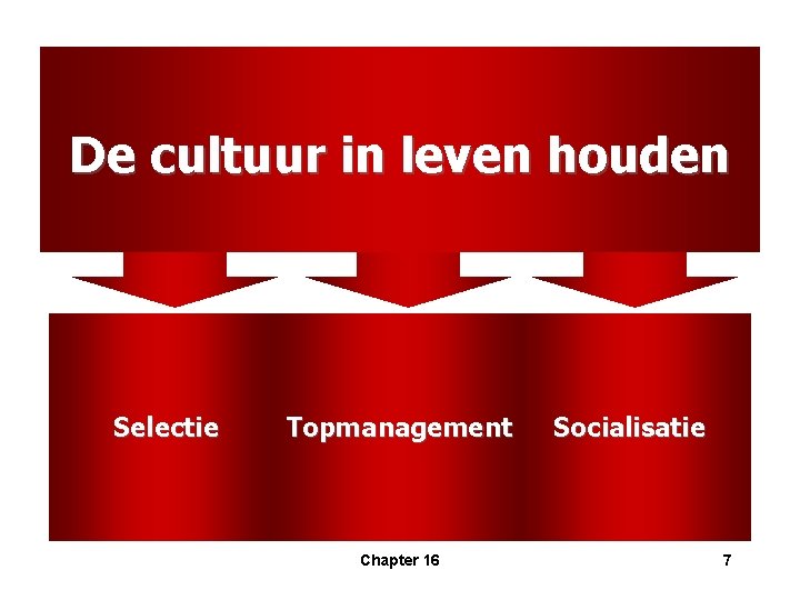 De cultuur in leven houden Selectie Topmanagement Chapter 16 Socialisatie 7 