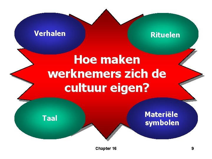 Verhalen Rituelen Hoe maken werknemers zich de cultuur eigen? Materiële symbolen Taal Chapter 16