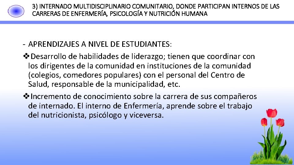 3) INTERNADO MULTIDISCIPLINARIO COMUNITARIO, DONDE PARTICIPAN INTERNOS DE LAS CARRERAS DE ENFERMERÍA, PSICOLOGÍA Y