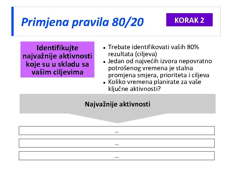 Primjena pravila 80/20 Identifikujte najvažnije aktivnosti koje su u skladu sa vašim ciljevima KORAK