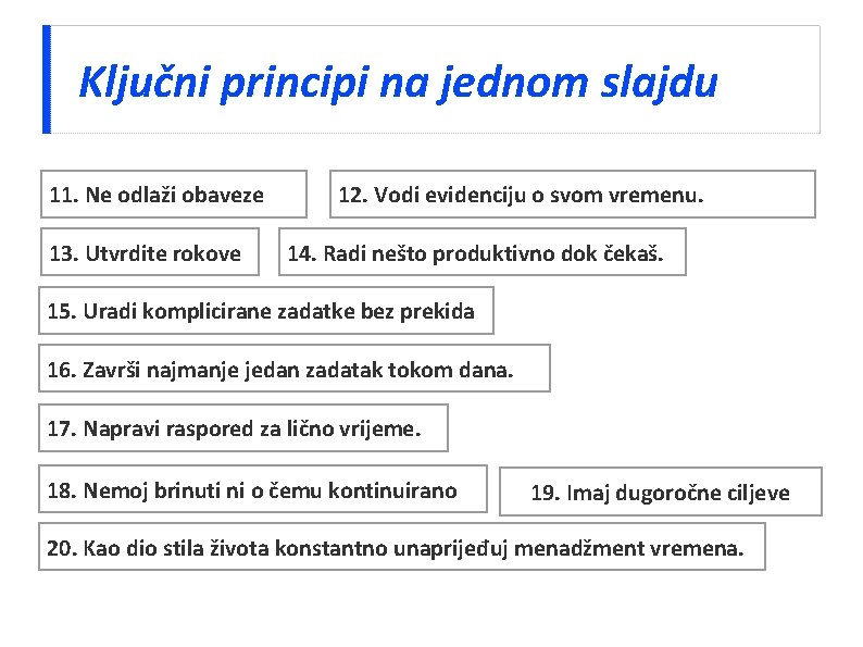 Ključni principi na jednom slajdu 11. Ne odlaži obaveze 13. Utvrdite rokove 12. Vodi