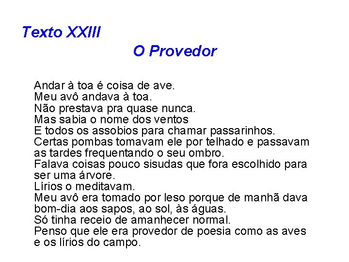 Texto XXIII O Provedor Andar à toa é coisa de ave. Meu avô andava