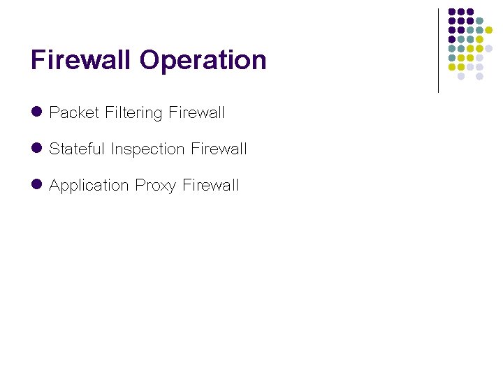 Firewall Operation Packet Filtering Firewall l Stateful Inspection Firewall l Application Proxy Firewall l