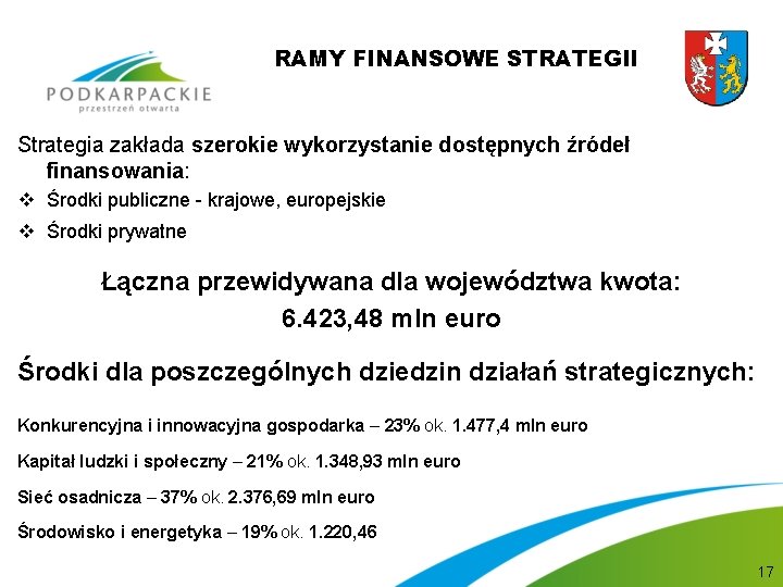 RAMY FINANSOWE STRATEGII Strategia zakłada szerokie wykorzystanie dostępnych źródeł finansowania: v Środki publiczne -