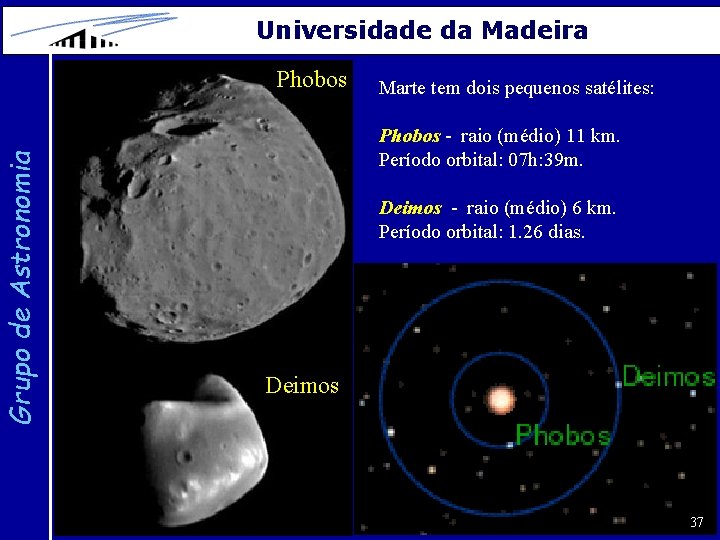 Grupo de Astronomia Universidade da Madeira Phobos Marte tem dois pequenos satélites: Phobos -