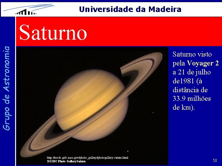 Universidade da Madeira Grupo de Astronomia Saturno visto pela Voyager 2 a 21 de