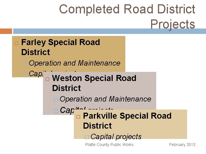 Completed Road District Projects Farley Special Road District � Operation and Maintenance � Capital