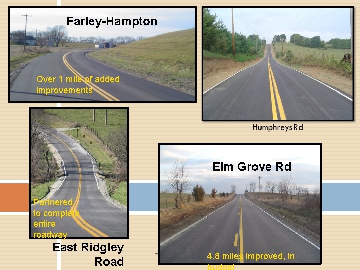 Farley-Hampton Over 1 mile of added improvements Elm Grove Rd Partnered to complete entire