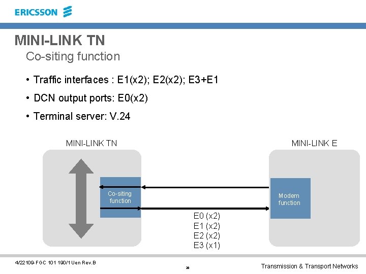 MINI-LINK TN Co-siting function • Traffic interfaces : E 1(x 2); E 2(x 2);