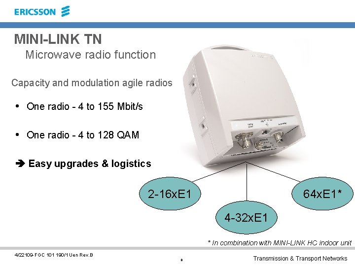 MINI-LINK TN Microwave radio function Capacity and modulation agile radios • One radio -