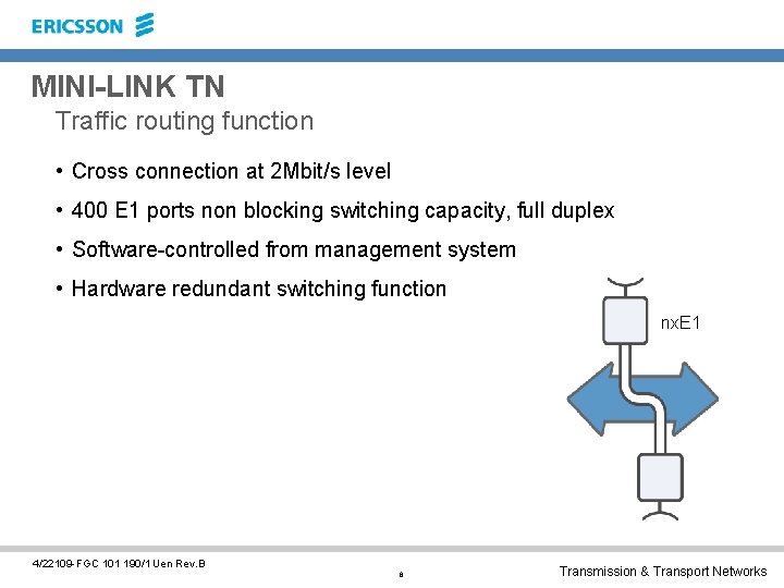 MINI-LINK TN Traffic routing function • Cross connection at 2 Mbit/s level • 400