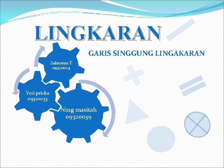 LINGKARAN GARIS SINGGUNG LINGAKARAN Zahrotun T 09320024 Yesi priska 09320033 Ning masitah 09320039 