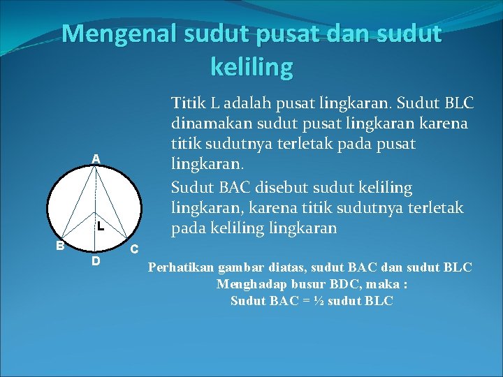 Mengenal sudut pusat dan sudut keliling Titik L adalah pusat lingkaran. Sudut BLC dinamakan