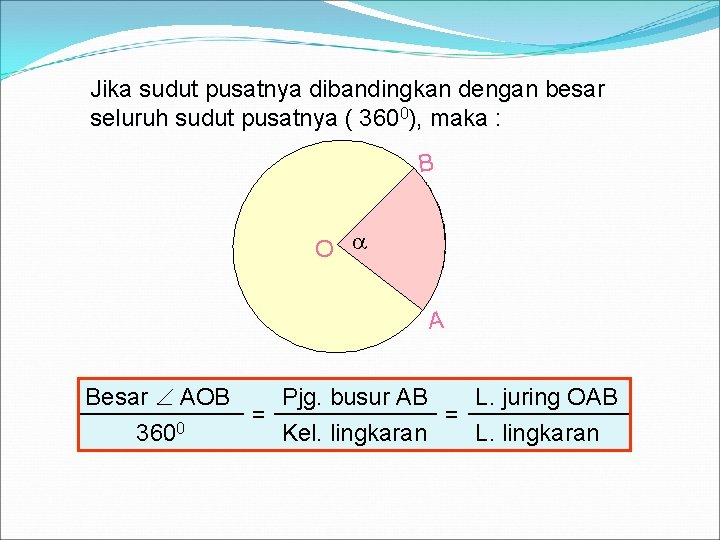 Jika sudut pusatnya dibandingkan dengan besar seluruh sudut pusatnya ( 3600), maka : B