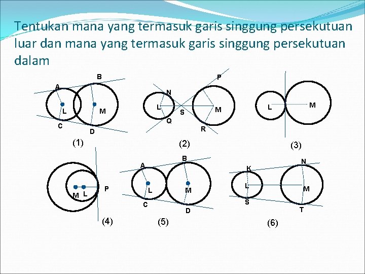 Tentukan mana yang termasuk garis singgung persekutuan luar dan mana yang termasuk garis singgung