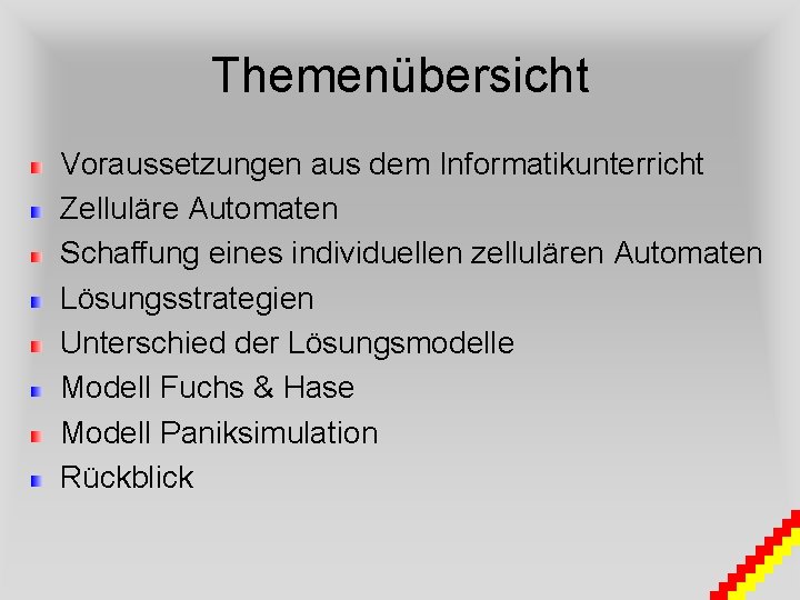 Themenübersicht Voraussetzungen aus dem Informatikunterricht Zelluläre Automaten Schaffung eines individuellen zellulären Automaten Lösungsstrategien Unterschied