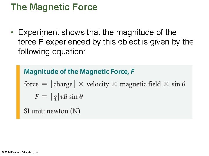 The Magnetic Force • Experiment shows that the magnitude of the force F experienced