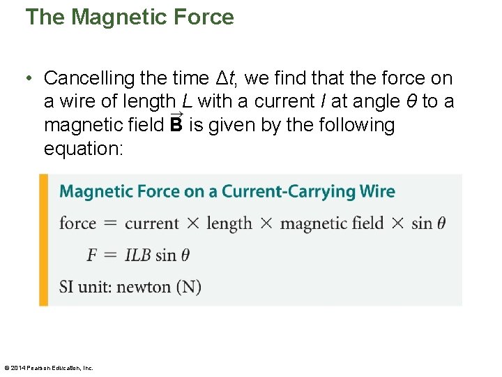 The Magnetic Force • Cancelling the time Δt, we find that the force on