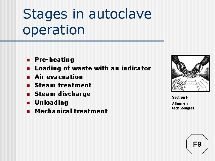 Stages in autoclave operation n n n Pre-heating Loading of waste with an indicator
