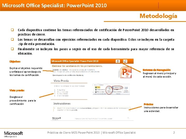 Microsoft Office Specialist: Power. Point 2010 Metodología q Cada diapositiva contiene los temas referenciados
