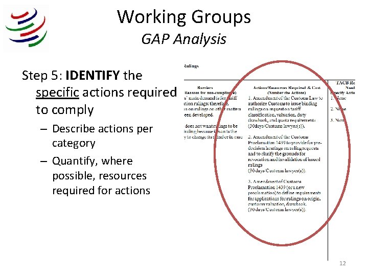 Working Groups GAP Analysis Step 5: IDENTIFY the specific actions required to comply –