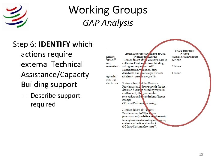 Working Groups GAP Analysis Step 6: IDENTIFY which actions require external Technical Assistance/Capacity Building