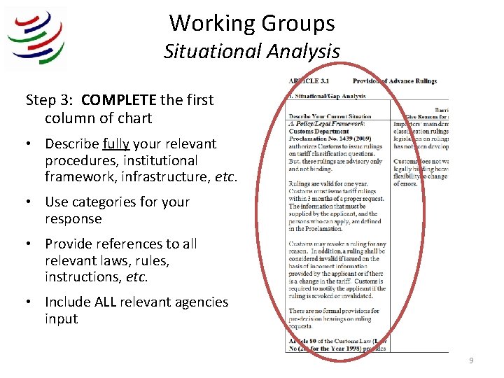 Working Groups Situational Analysis Step 3: COMPLETE the first column of chart • Describe