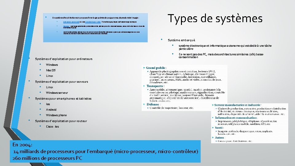  • Types de systèmes Un système d'exploitation est composé d'une large palette de