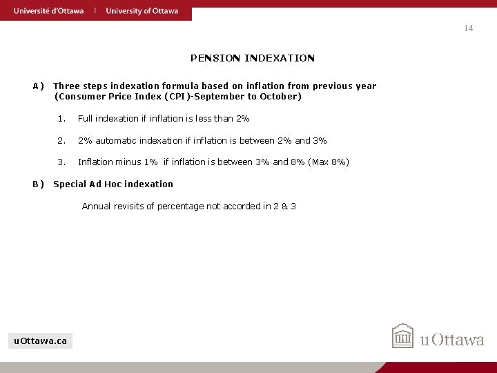 14 PENSION INDEXATION A) B) Three steps indexation formula based on inflation from previous
