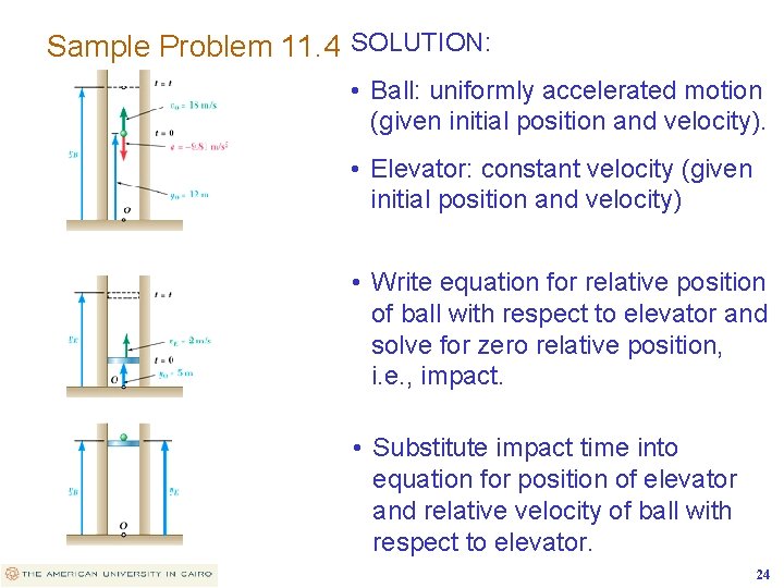 Sample Problem 11. 4 SOLUTION: • Ball: uniformly accelerated motion (given initial position and