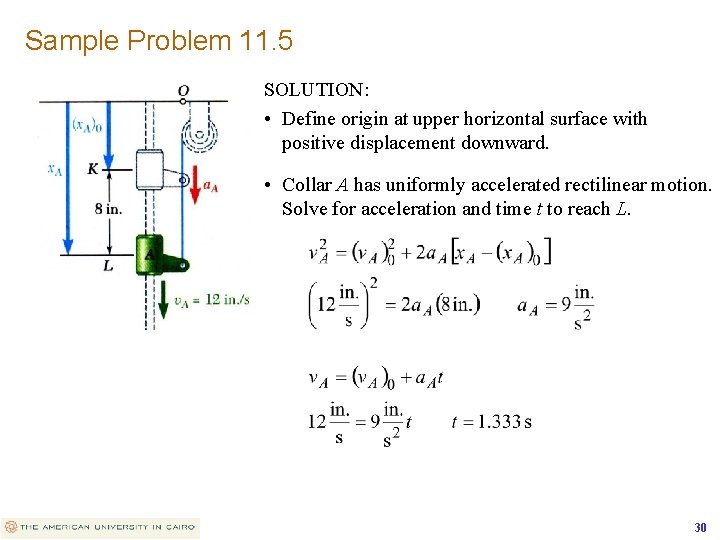 Sample Problem 11. 5 SOLUTION: • Define origin at upper horizontal surface with positive