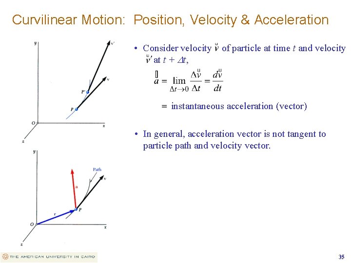 Curvilinear Motion: Position, Velocity & Acceleration • Consider velocity of particle at time t