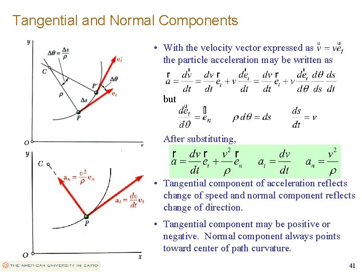 Tangential and Normal Components • With the velocity vector expressed as the particle acceleration