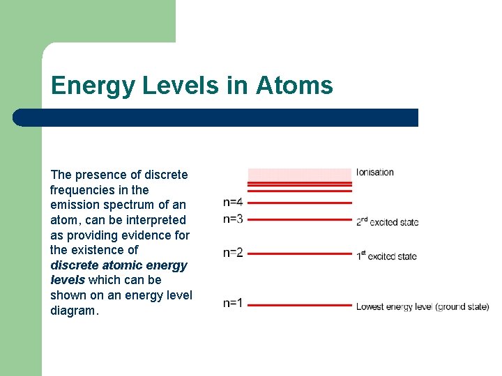 Energy Levels in Atoms The presence of discrete frequencies in the emission spectrum of
