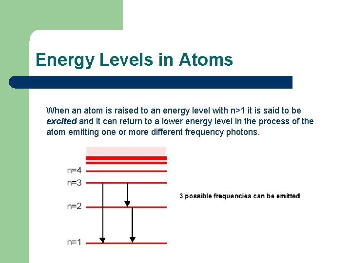 Energy Levels in Atoms When an atom is raised to an energy level with